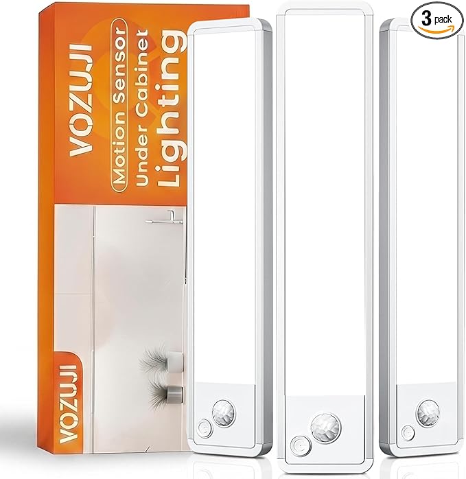 Under Cabinet Motion Sensor Lighting: 12 Inch Dimmable Rechargeable Lights Indoor - Battery Operated Lights - Undercabinet Closet Light Magnetic Led Light for Kitchen Home Bathroom Counter 3 Pack