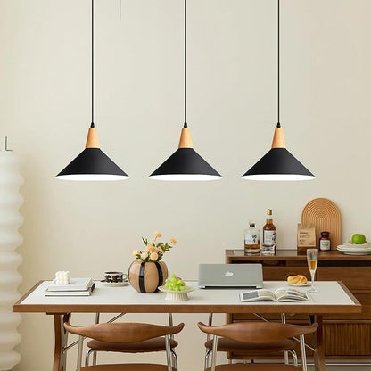 Modern Black Pendant Light Fixtures, 11.8" Farmhouse Wood Pendant Lighting, Industrial Cone Hanging Lights for Kitchen Island,Dining Room,Hallway,Barn,Entryway,Restaurant