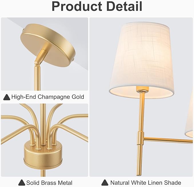Alynzee Gold Chandeliers for Dining Room, 6-Light Modern Chandelier Light Fixture Over Table, with White Fabric Shade, 34" Large Transitional Kitchen Pendant Lights for Living Room Bedroom Foyer