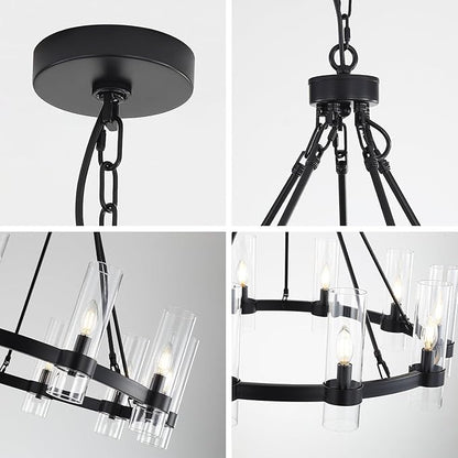 32 Inch Black Wagon Wheel Chandelier with Glass Shade, 10 Lights, Modern Farmhouse Style, Ideal for Dining Room, Kitchen, Entryways