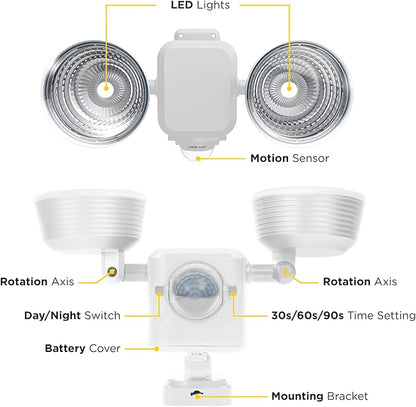 Limitless Innovations Lumenology Dual Security Motion Sensor Spotlights with Adjustable Heads and Sensitivity - Ultra-Bright 1,000 Lumen LED Flood Light - Waterproof/Outdoor (White)