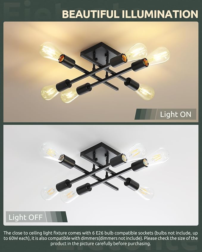 6-Light Semi Flush Mount Ceiling Light Fixture, Industrial Black Close to Ceiling Lighting, Modern E26 Base Sputnik Chandelier Ceiling Lamp for Kitchen Bedroom Living Room Hallway