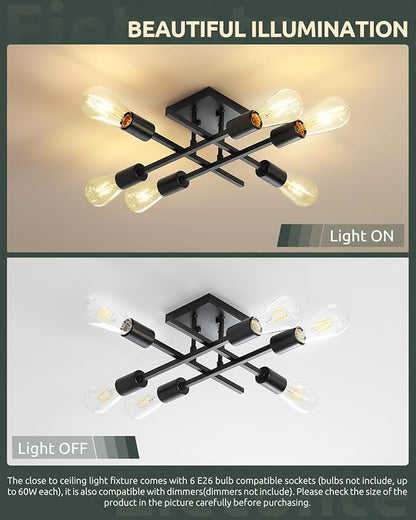 6-Light Semi Flush Mount Ceiling Light Fixture, Industrial Black Close to Ceiling Lighting, Modern E26 Base Sputnik Chandelier Ceiling Lamp for Kitchen Bedroom Living Room Hallway