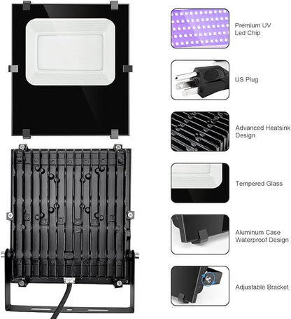 400W Black Lights Outdoor, Commercial High Power LED Black Light Flood Lights with UL Listed Plug 395nm IP66 Waterproof Blacklight FloodLight for Glow Party Large Space, Halloween (2 Pack)
