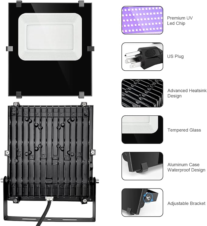 1000W Black Lights Outdoor, Commercial High Power LED Black Light Flood Lights with UL Listed Plug IP66 Waterproof Blacklight FloodLight 395nm for Glow Party Large Space, Halloween (2 Pack)