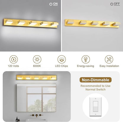 LED Modern Bathroom Light Fixtures, 5-Light 40-Inch Gold Vanity Lights for Bathroom Lighting Fixtures Over Mirror, 6000K Cool White 350° Rotatable Wall Lamp