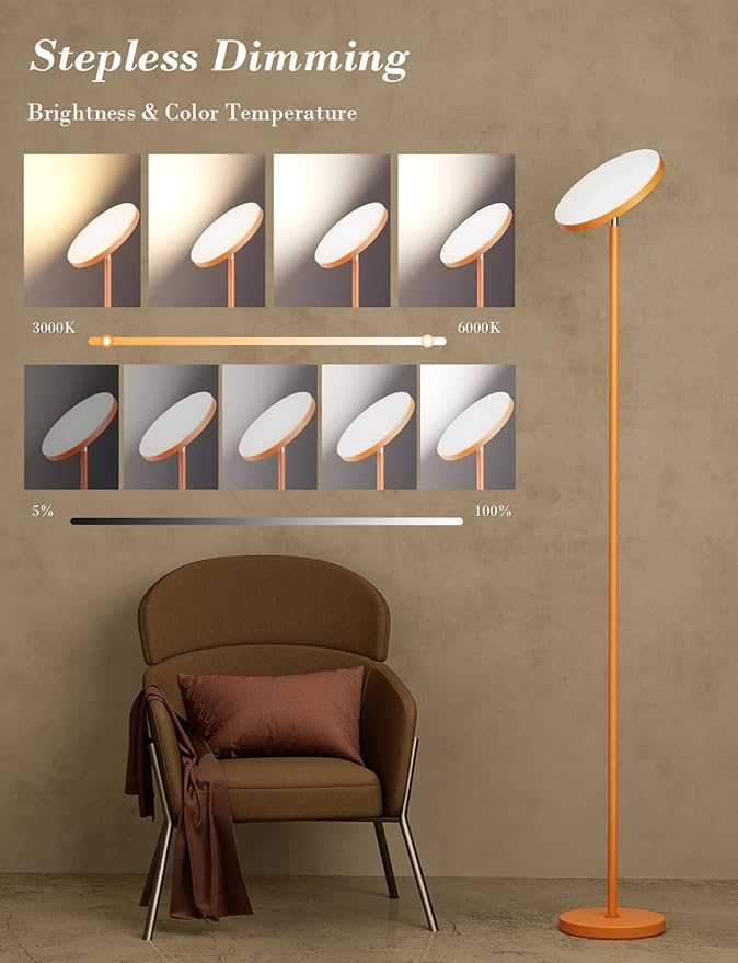 OHLUX Orange Floor Lamp, 32W/2500LM Super Bright Dimmable Sky LED Modern Torchiere Standing Lamp, LED Floor Reading Lamp with 4 Color Temperatures, Remote Touch Control, 1 Hour Timer for Living Room