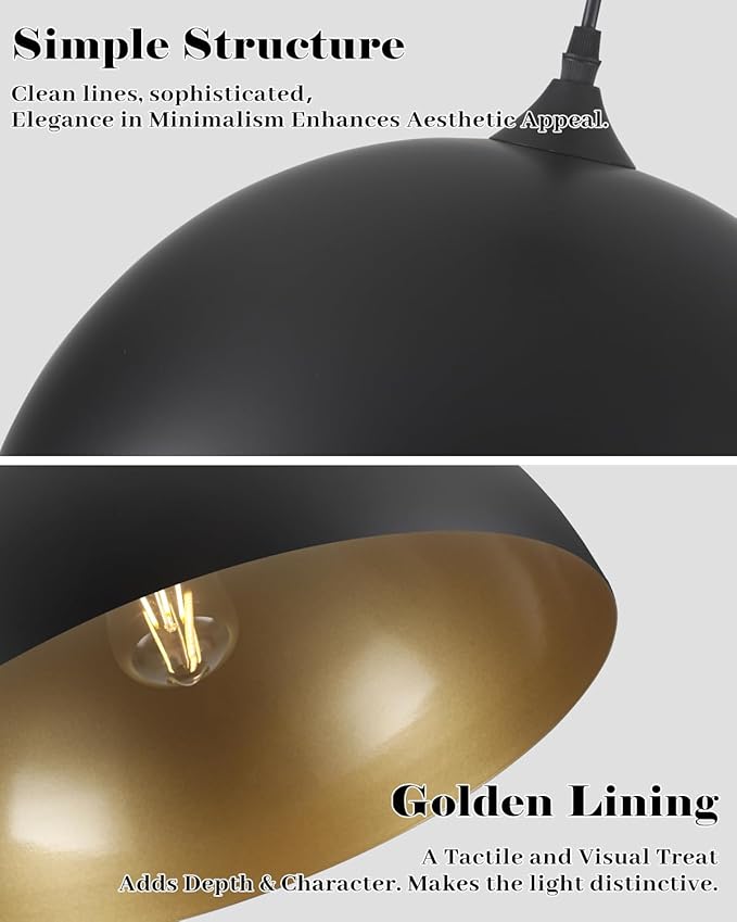 Black Pendant Lights Kitchen Island, 16 Inch Black and Gold Dome Pendant Light, Modern Farmhouse Pendant Light for Kitchen Island, Dining Room, Cafe, Bar, 2 Pack