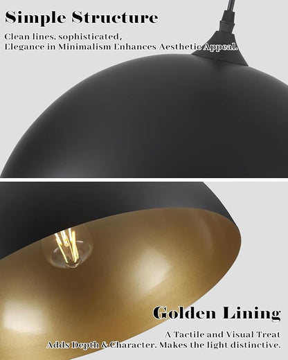 Black Pendant Lights Kitchen Island, 16 Inch Black and Gold Dome Pendant Light, Modern Farmhouse Pendant Light for Kitchen Island, Dining Room, Cafe, Bar, 2 Pack