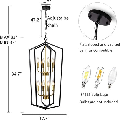 Lanhall 8-Light Lantern Tired Farmhouse Ceiling Hanging Light Black Chandelier Metal Modern Pendant Light Fixtures for Kitchen Island Dining Room Living Room Foyer Entryway-Brushed Brass