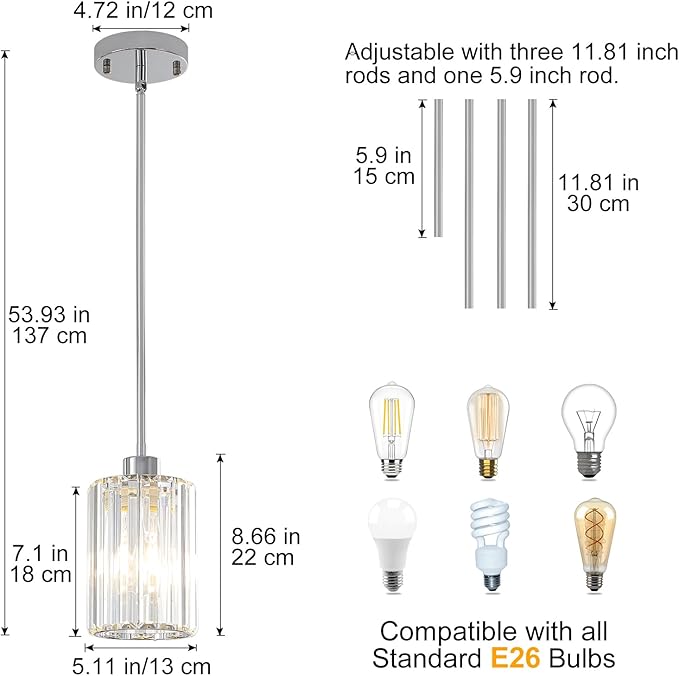 Chrome Pendant Lights for Kitchen Island, 3 Pack Modern Crystal Pendant Light Fixtures, Mini Kitchen Hanging Lights for Dining Room, Hallway, Foyer, Entryways