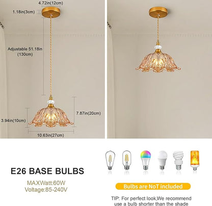 1 Piece Vintage Chandelier Light Fixtures with Amber Glass Shade,Matte Brass Finish Pendant Light for Kitchen,Hanging Light Fixture for Dining Room, Hallway, Living Room, Bedroom
