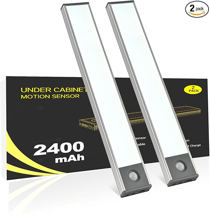 Under Cabinet Lighting, 2400mAh Rechargeable Motion Sensor Light Indoor, Cordless Closet Lights with 10s/20s Delay, Magnetic Under Counter Lights Battery Operated for Kitchen, Stairway(7.8in, 2 Pack)