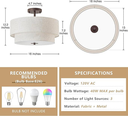 Bargeni 16" Semi Flush Mount Ceiling Light, 3-Light Drum Ceiling Light Fixture, Oil Rubbed Bronze with Double Linen Fabric Shade, Modern Light Fixtures Ceiling Mount for Bedroom, Living Room, Entryway