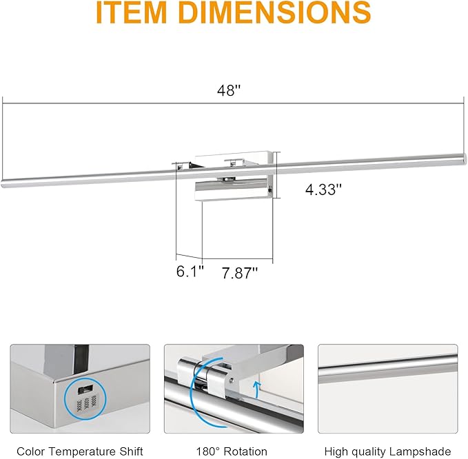 LED Bathroom Vanity Light, Modern Bathroom Light Fixture Over Mirror (3000K/4000K/6000K, Dimmable), Vanity Light Bar with Angle Adjustable, 48 Inch, Chrome