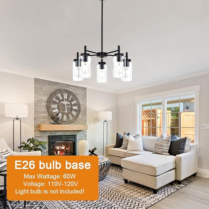 5 Light Contemporary Chandeliers Black Modern Lighting Fixtures Hanging,Industrial Vintage Pendant Lights with Clear Glass Shade Flush Mount Ceiling Light for Dining Room Bedroom