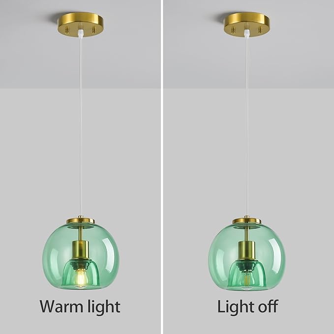 Light Green Glass Pendant Lights Kitchen Island Gold Hanging Light Fixture Glass Globe Pendant Light Modern Pendant Lighting for Kitchen Island Bedroom Dining Room (7.87", 1 Pack)