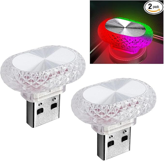 2PCS USB LED Car Interior Night Light, Crystal Mini Decoration Neno Ambient Light Car Interior Atmosphere Lamp, Plug-in USB Interface Auto Trunk Ambient Lighting Kit Universal for Cars (Colorful)