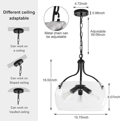 3-Lights Modern Pendant Lights Kitchen Island, Matte Black Hanging Light Fixtures with 15.8" Clear Glass Shade, Industrial Hanging Chandelier for Kitchen Entryway Bedroom Foyer