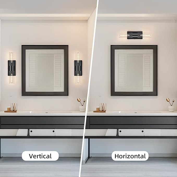 Black Wall Sconces Set of Two,Modern Bathroom Light Fixtures,2-Light Sconces Wall Lighting with Thickened Tempered Clear Glass,19 in Indoor Hardwired Wall Lights for Bedroom,Mirror, E26 Base