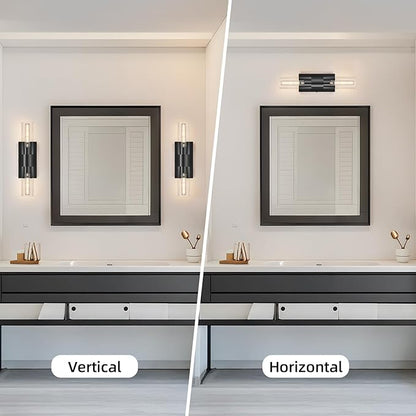 19" Modern Wall Sconce,2-Light Bathroom Vanity Light,Glass Tube Indoor Wall Sconce,Black Wall Light Wall Lamp for Bedroom, Mirror,Washroom, Hallway Hardwired Sconces Wall Lighting,E26 Base