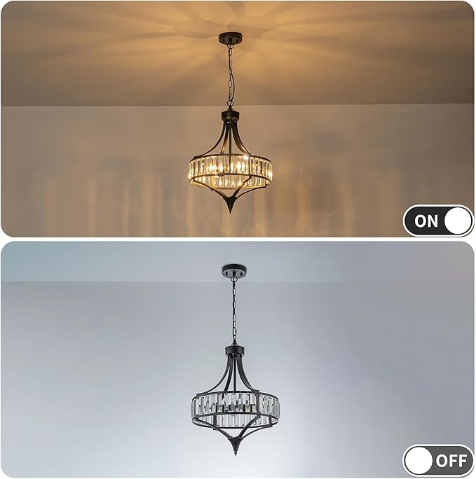 Black Crystal Chandeliers for Dining Room, 15.7" Modern Farmhouse Foyer Chandelier for Entryway, 4-Light Pendant Light Fixtures Over Table for Kitchen Island Bathroom Living Room Bedroom