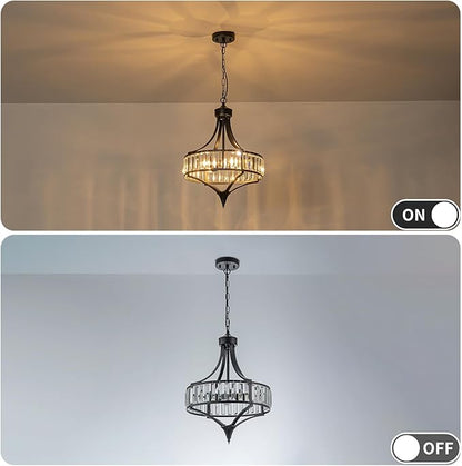 Black Crystal Chandeliers for Dining Room, 15.7" Modern Farmhouse Foyer Chandelier for Entryway, 4-Light Pendant Light Fixtures Over Table for Kitchen Island Bathroom Living Room Bedroom