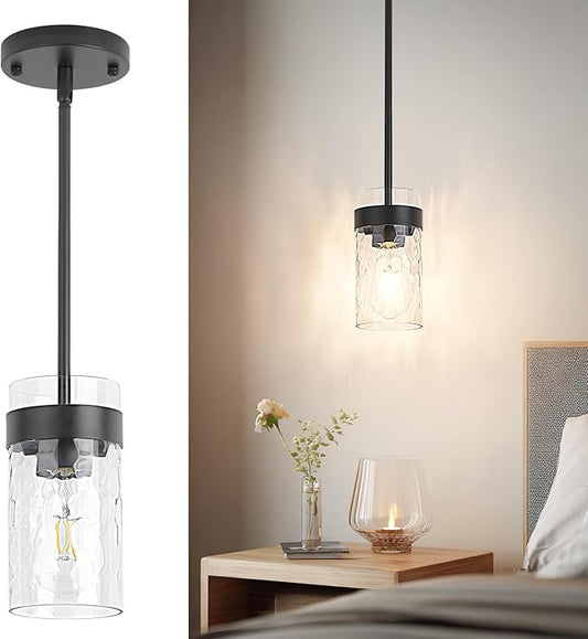 Water Ripple Glass Pendant Lights Kitchen Island Black Pendant Light Fixtures Adjustable Modern Mini Hanging Light for Sink Dining Room Foyer Entryway Bar, 1 Pack