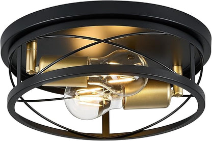 Farmhouse Lights,Black and Gold Industrial Flush Mount Ceiling Light, Ceiling Lamp Farmhouse Lighting Fixture for Hallway, Bedroom, Kitchen, Entrance, 2-Light
