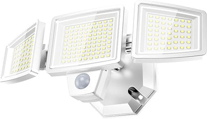 LED Security Lights Motion Sensor Outdoor Lights, 6500K Daylight, IP65 Waterproof, Dusk to Dawn, 3-Head Motion Detected Flood Light for Garage, Yard, Porch, White