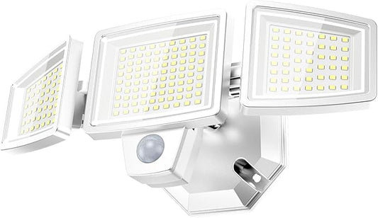 LED Security Lights Motion Sensor Outdoor Lights, 6500K Daylight, IP65 Waterproof, Dusk to Dawn, 3-Head Motion Detected Flood Light for Garage, Yard, Porch, White
