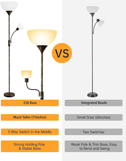 BoostArea Floor Lamps for Living Room, Standing Lamp, 71" Torchiere Floor Lamp with Reading Lamp, 3 Way Switch, Corner Floor Lamps for Living Room/Bedroom, Rustic Bronze Floor Lamp(E26 Base, No Bulb)