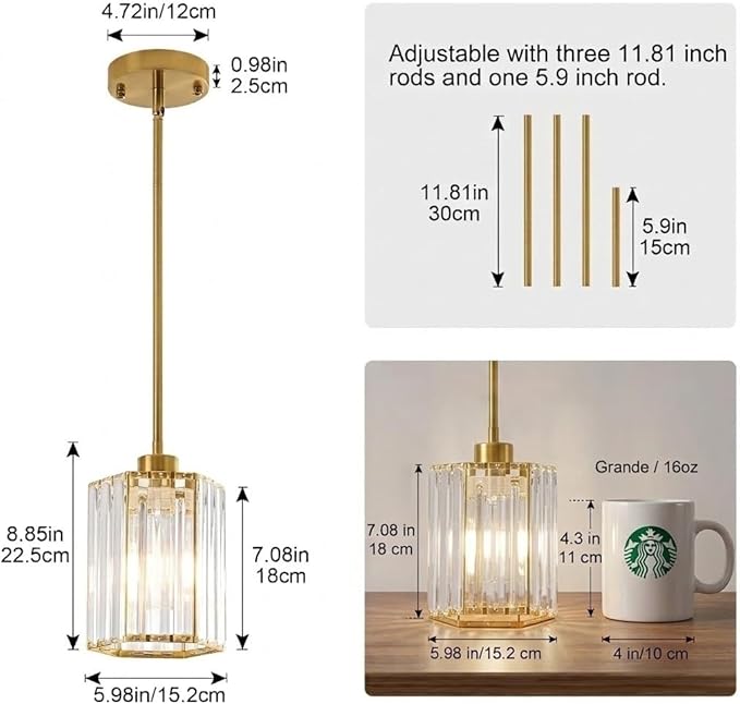 Gold Pendant Light Kitchen Island, Modern Crystal Kitchen Island Lighting, 1-Light Hexagonal Kitchen Hanging Lights for Island, Dining Room, Hallway, Foyer, Entryways