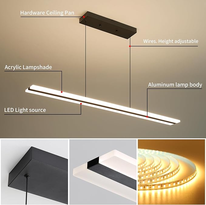 Mikeru Acrylic Linear Pendant Light Dimmable,Modern LED Black Chandelier Fixtures Hanging, Color Temperature and Height Adjustable Table Light for Dining Room, Kitchen, Island 39IN