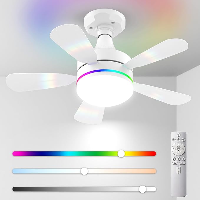 Modern Ceiling Fans with LED Lights, LED E26/E27 Screw Base Mini Light Socket Fan with Cord for Bedroom, Living Room, Kitchen, Balcony (RGB)