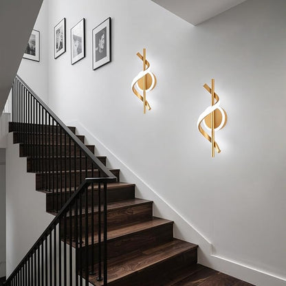 EIDISUNY 2 Pack LED Wall Sconces Indoor, 12W LED Wall Mount Lights, Modern Spiral Wall Lamp, 6000K Cold Light Fixture for Stairs, Living Room, Bedroom, Aisle, Hallway (Cold White, Gold)