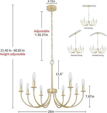 8-Light Gold Chandeliers for Dining Room, Farmhouse Dining Room Light Fixtures, Rustic Candle Chandelier Light Fixtures for Living Room, Kitchen, Staircase, Entryway, Foyer