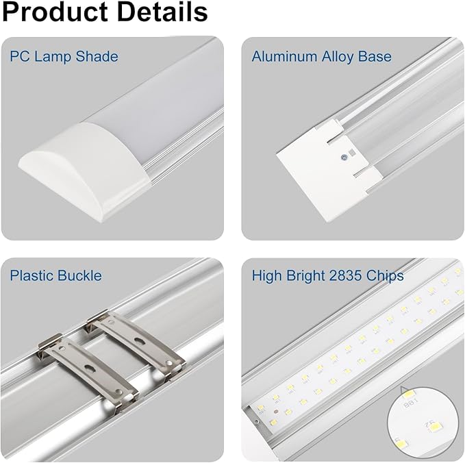 1 Packs 2FT LED Batten Light, Ultra-Thin Ceiling Surface Mounted Light, 20W, 4000K, IP20, LED Ceiling Lamp for Garage, Shop, Hallway, Office, Market