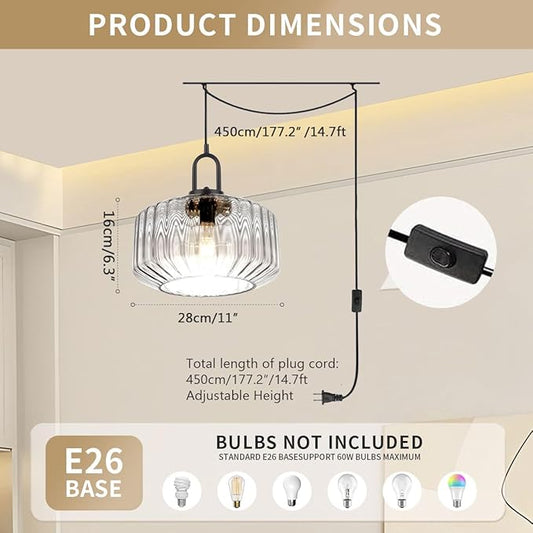 Plug in Hanging Pendant Light Bedroom Plug in Pendant Lamp Globe Hanging Lights with Plug in Cord Kitchen Mid Century Modern Ceiling Light fixtures Clear Striped Glass Swag Lights