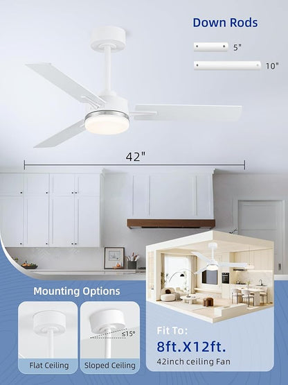 LANMEL Ceiling Fan with Light, Modern Flush Mount Low Profile with Remote Control, Reversible, 3CCT Dimmable, Quiet,LED for Bedroom, Living Room, Indoor/Outdoor Patio Use 42 Inch Silver & White