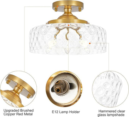 Gold Semi Flush Mount Ceiling Light, 3-Light Ceiling Light with Hammered Glass, Vintage Hallway Lights, Brass Closet Light Fixture, Kitchen Flush Ceiling Mount for Entryway Bedroom Bathroom,E12