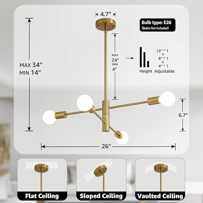 HHR Modern Sputnik Chandeliers, 4-Light Mid Century Modern Light Fixture, E26 Bedroom Chandelier Ceiling Light, Height Adjustable Hanging Pendant Lighting for Entryway Foyer Kitchen Island - Gold