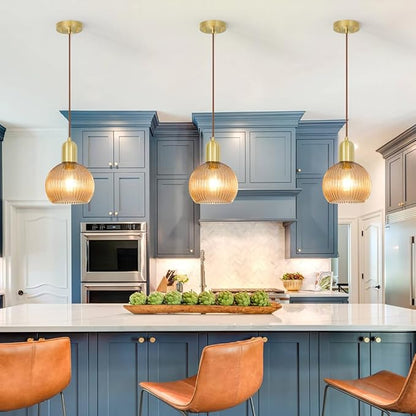 Gold Pendant Light, Modern Pendant Light Fixture with Amber Striped Glass Lmapshade, Brass Kitchen Island Light, Brushed Pendant Lights Kitchen Island Adjustable Hanging Light for Bathroom Dining Room