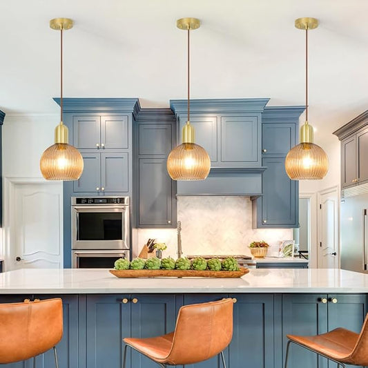 Gold Pendant Light, Modern Pendant Light Fixture with Amber Striped Glass Lmapshade, Brass Kitchen Island Light, Brushed Pendant Lights Kitchen Island Adjustable Hanging Light for Bathroom Dining Room