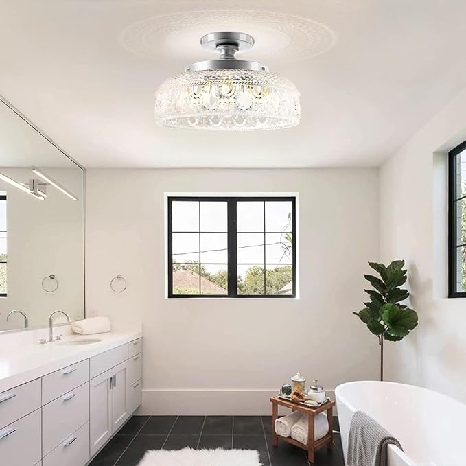 Lamomo Semi Flush Mount Ceiling Light,Upgraded Larger 12 Inch Silver Hallway Light Fixture,3 Light Globe Glass Close to Ceiling Scone, Indoor Hanging Light for Bedroom Kitchen Porch Hallway