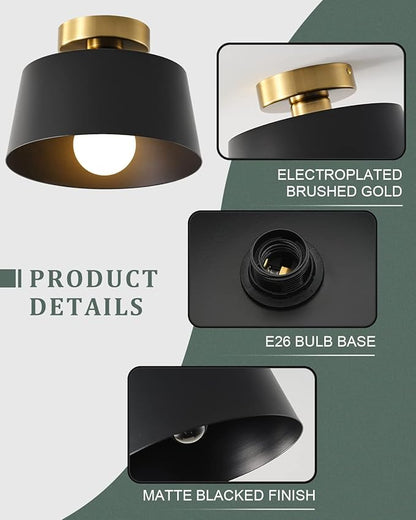 Ceiling Light Fixture, Hallway Ceiling Light with Gold Plate and Matte Black Shade, Modern Simple Style Porch Light Fixtures Semi Flush Mount (2 Pack Black)