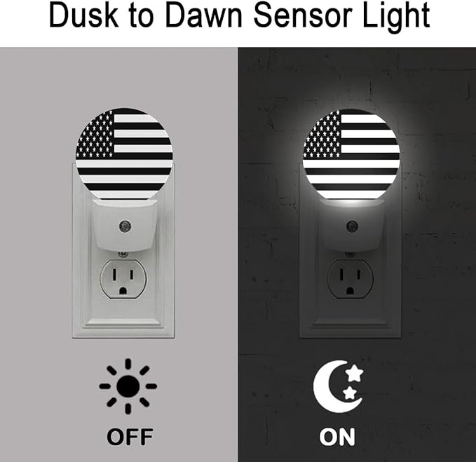American Flag Black White Night Light Plug Into Wall Auto Led Sleep Round Lamp for Living Room Hallway Stairs