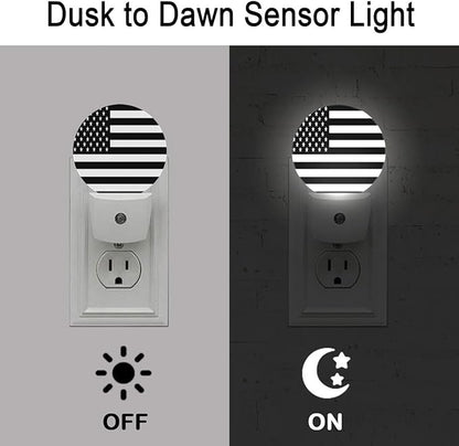 American Flag Black White Night Light Plug Into Wall Auto Led Sleep Round Lamp for Living Room Hallway Stairs