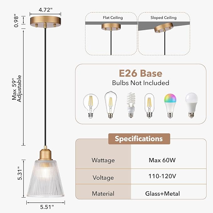 Pendant Lights Kitchen Island, Gold Pendant Light Fixtures with 5.8mm Thick Glass Shade and Adjustable Cord, Modern Pendant Lighting for Bathroom, Dining Room, Bedroom, 3 Pack