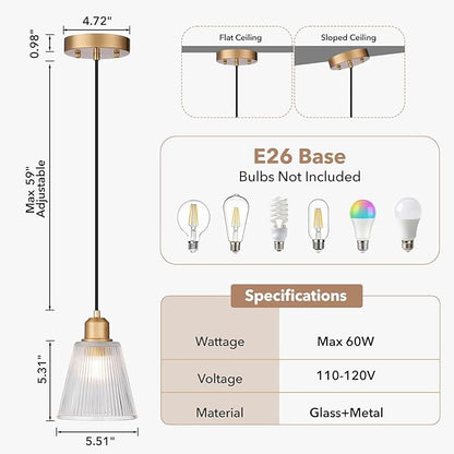 Pendant Lights Kitchen Island, Gold Pendant Light Fixtures with 5.8mm Thick Glass Shade and Adjustable Cord, Modern Pendant Lighting for Bathroom, Dining Room, Bedroom, 3 Pack